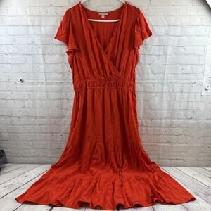 Knox Rose Dress Women Large Orange Faux Wrap Pockets Flutter Sleeve Tiered Skirt